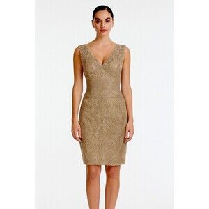 Tadashi Luxury Gold Embellished Lace Chiffon Dress Jacquard Sheath Formal Party